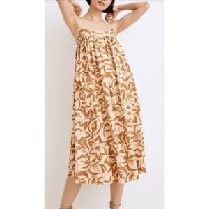 Madewell Sz S Linen Blend Midi Slip Dress Gold Tropical Print Summer CasualBeach